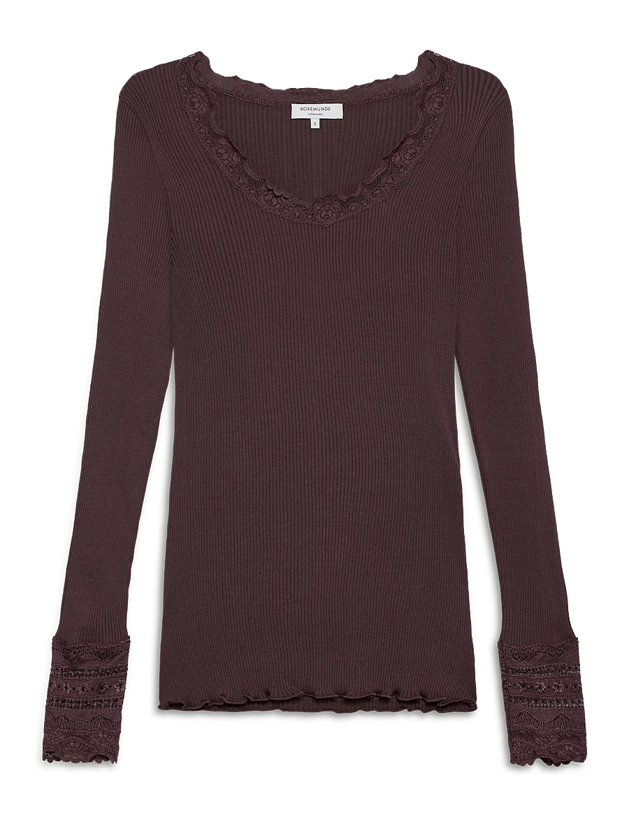 Rosemunde - RWBenita Silk LS O-neck Lace T-shirt - långärmade toppar - fudge - 1