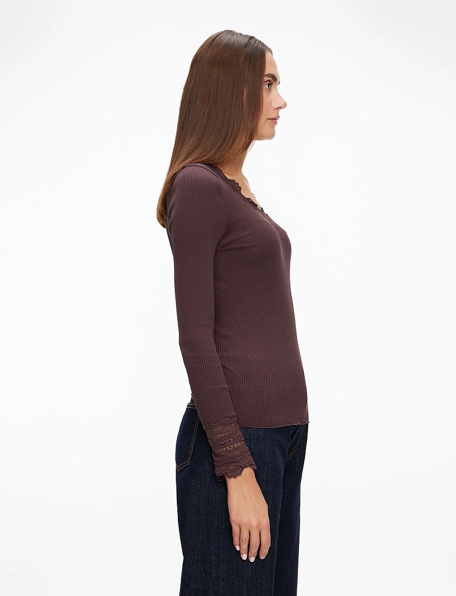 Rosemunde - RWBenita Silk LS O-neck Lace T-shirt - långärmade toppar - fudge - 3