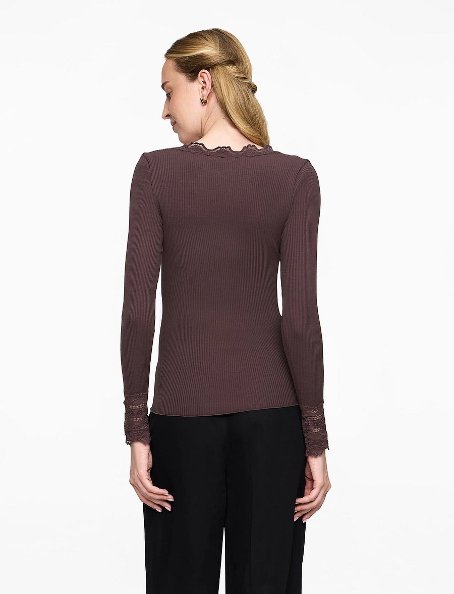 Rosemunde - RWBenita Silk LS O-neck Lace T-shirt - långärmade toppar - fudge - 4