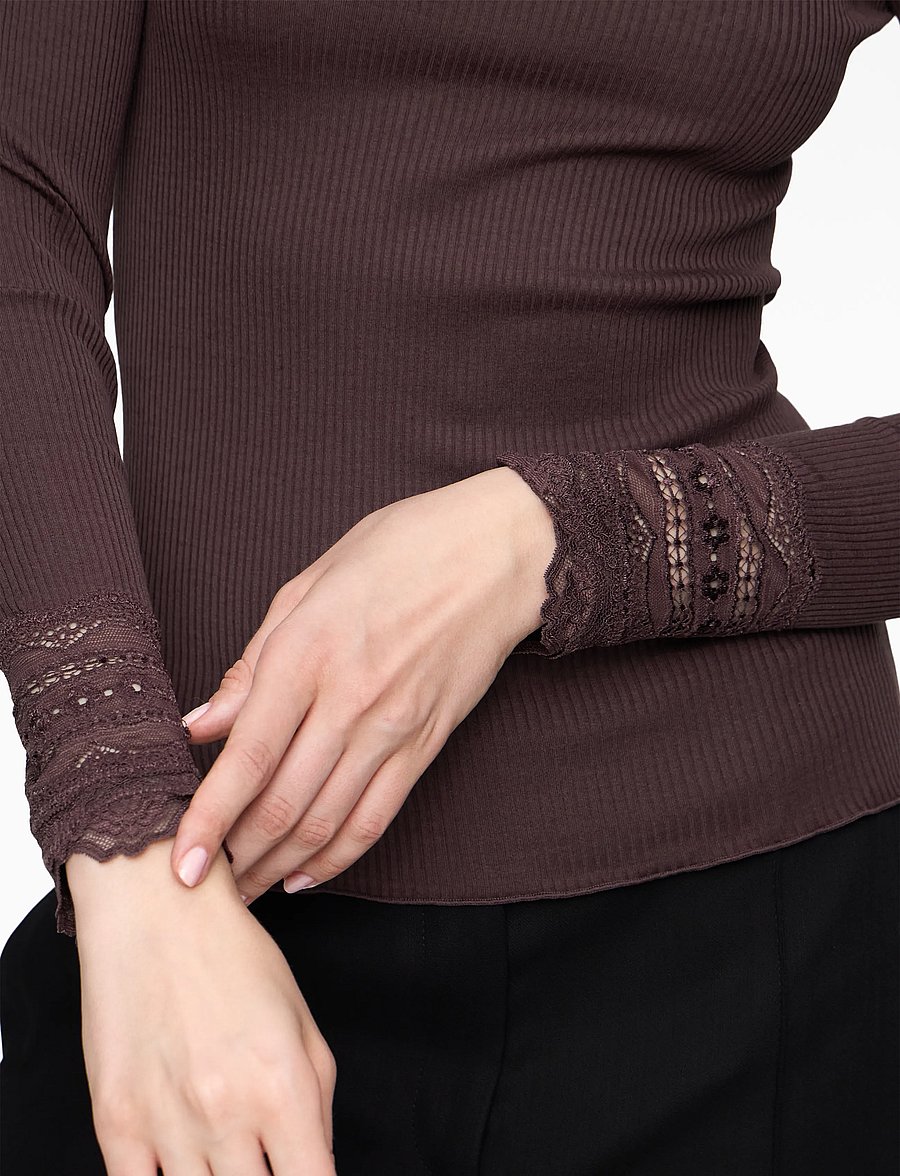 Rosemunde - RWBenita Silk LS O-neck Lace T-shirt - långärmade toppar - fudge - 5