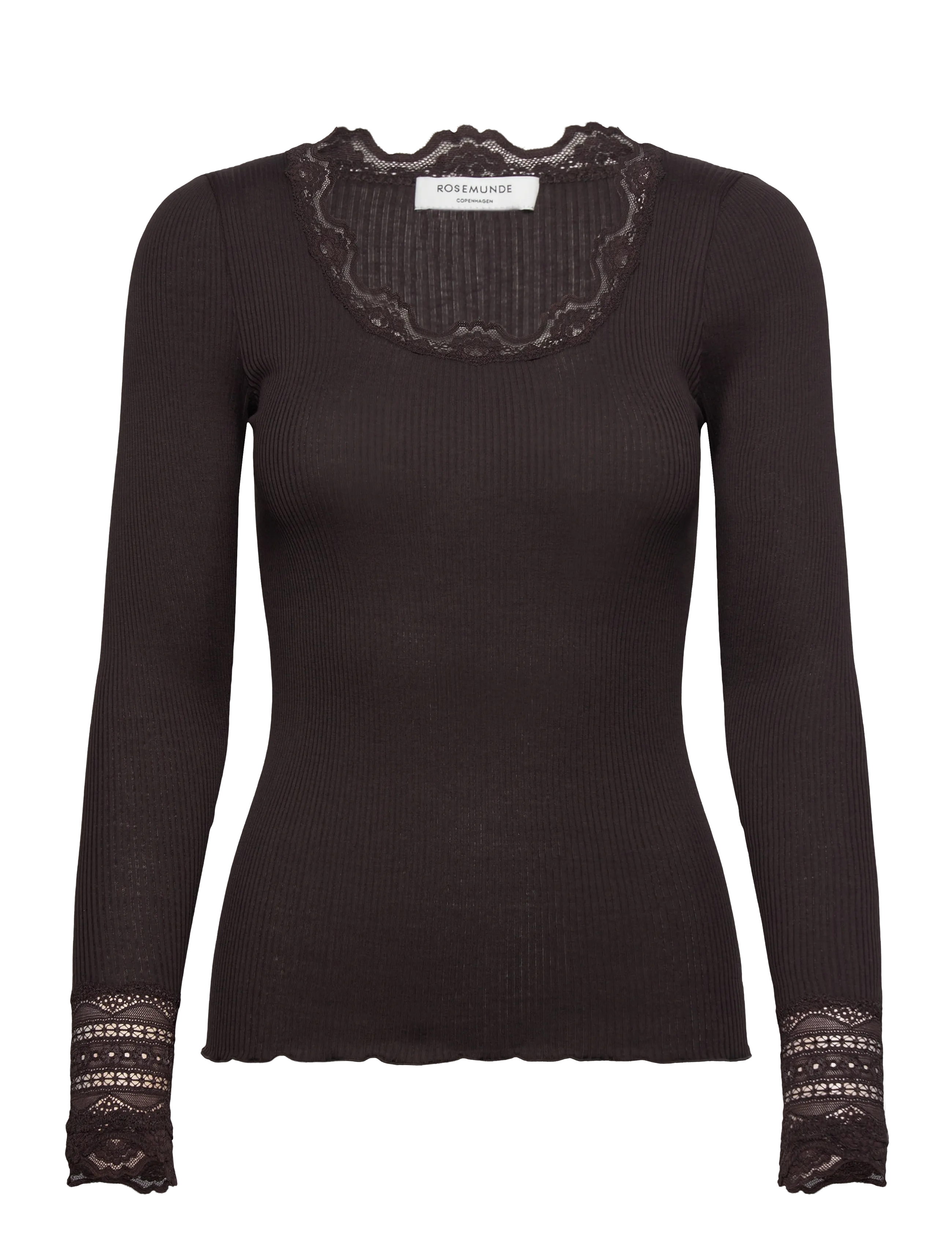 Rosemunde Rwbenita Silk Ls O-Neck Lace T-Shirt, S, Brown, T-Shirts & Toppe > Langærmede, Dame