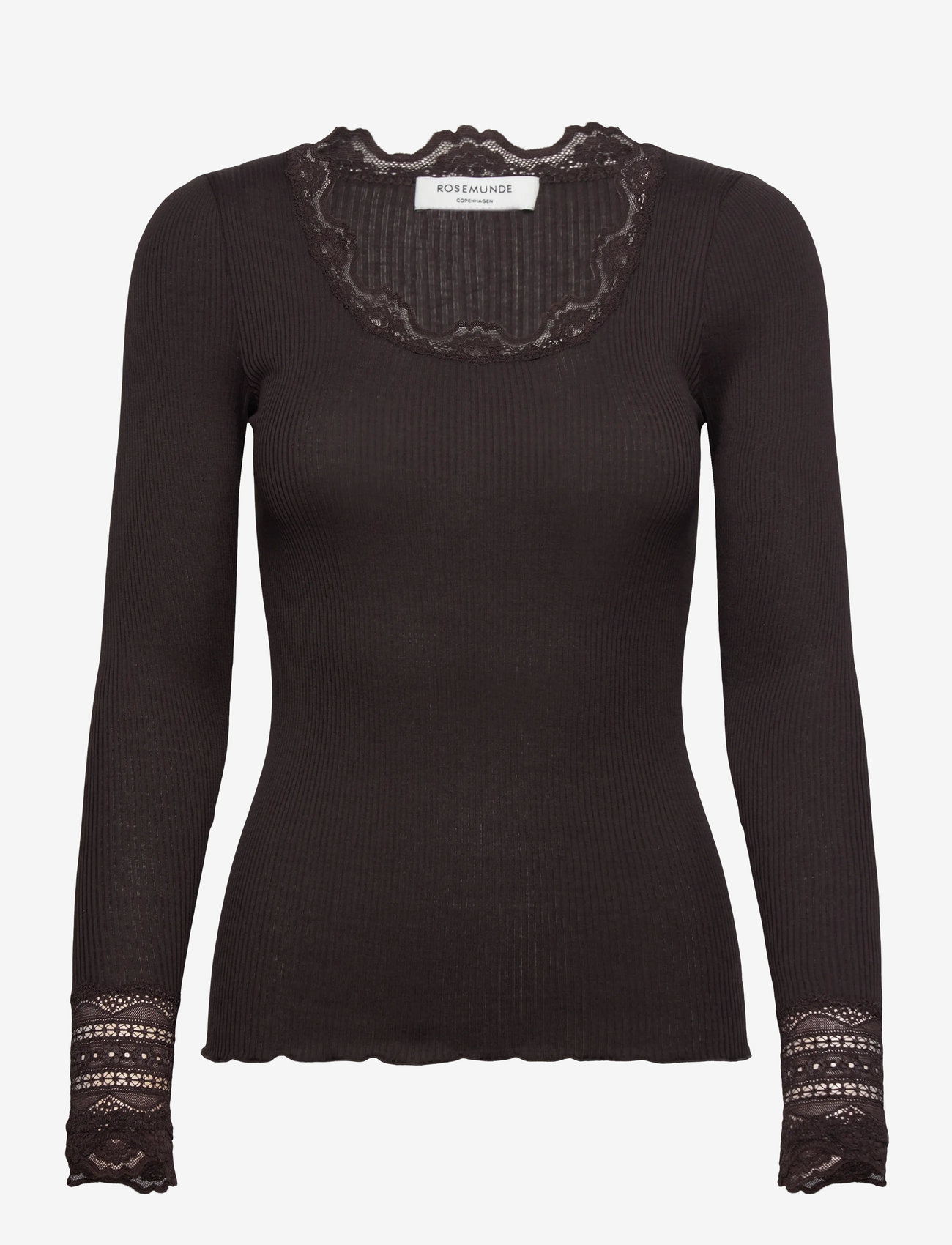 Rosemunde - RWBenita Silk LS O-neck Lace T-shirt - topy z długimi rękawami - ganache - 0