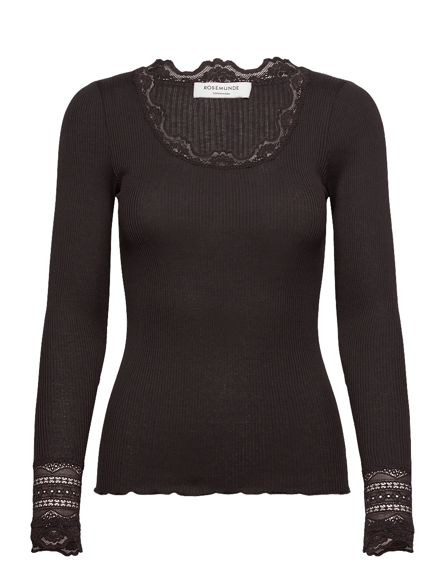 Rosemunde - RWBenita Silk LS O-neck Lace T-shirt - langärmlige tops - ganache - 0