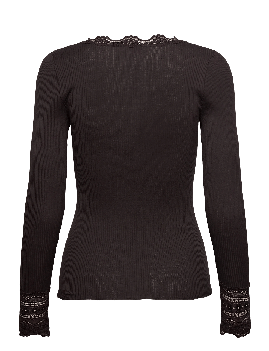Rosemunde - RWBenita Silk LS O-neck Lace T-shirt - langärmlige tops - ganache - 1