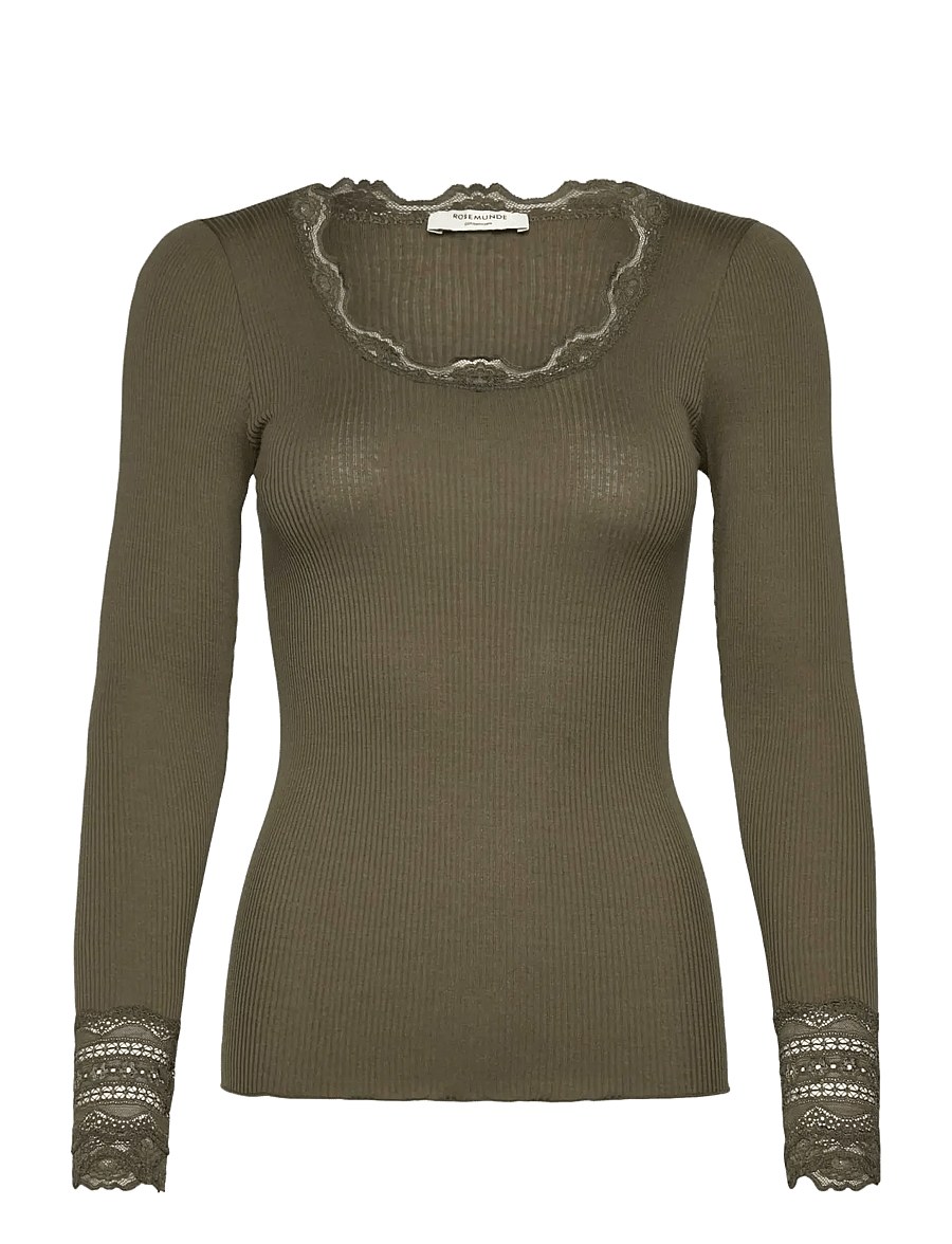 Rosemunde - RWBenita Silk LS O-neck Lace T-shirt - langärmlige tops - kalamata - 0