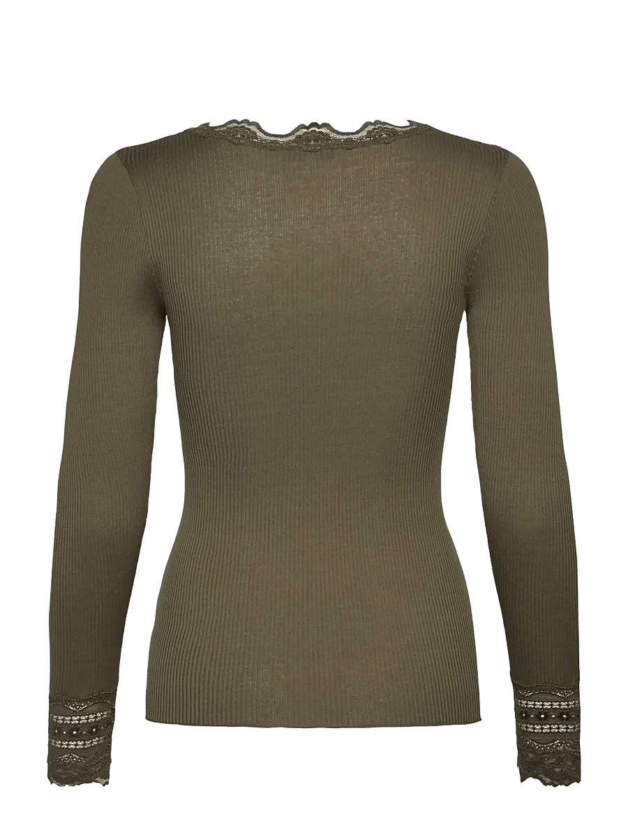 Rosemunde - RWBenita Silk LS O-neck Lace T-shirt - langärmlige tops - kalamata - 1