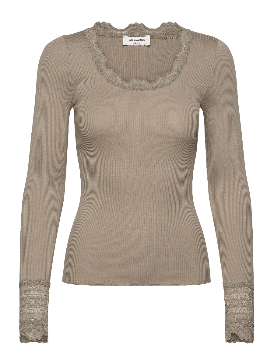 Rosemunde - RWBenita Silk LS O-neck Lace T-shirt - langärmlige tops - laurel oak - 0