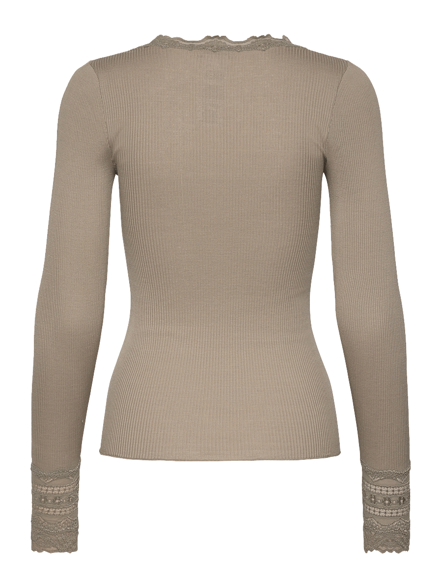 Rosemunde - RWBenita Silk LS O-neck Lace T-shirt - langärmlige tops - laurel oak - 1