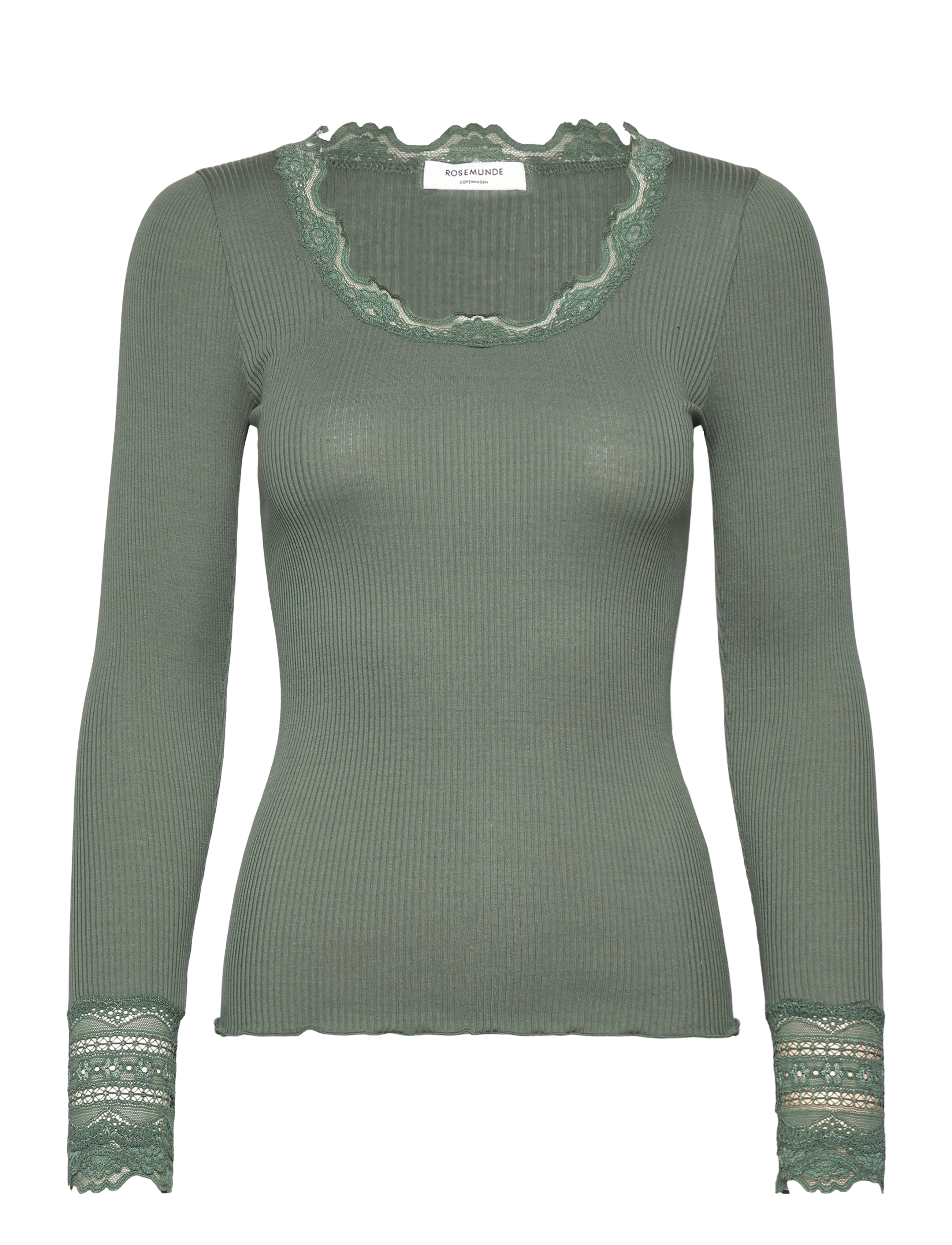 Rosemunde RWBenita Silk LS O-neck Lace T-shirt - Tøj - LAUREL WREATH / green