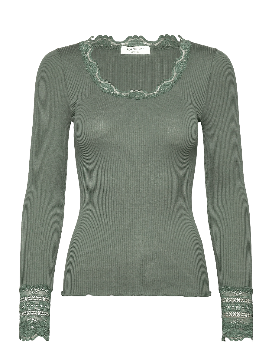 Rosemunde - RWBenita Silk LS O-neck Lace T-shirt - långärmade toppar - laurel wreath - 0