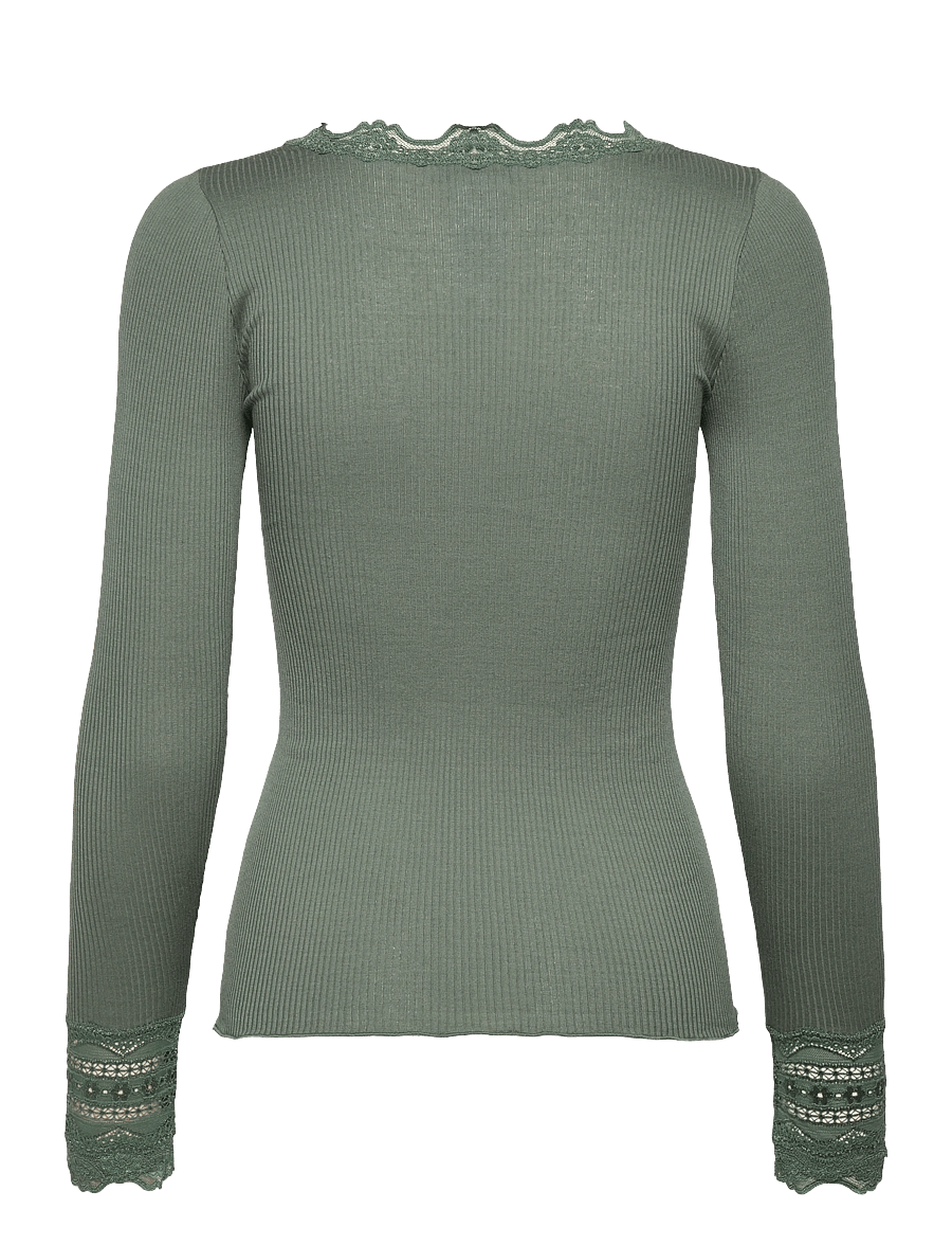 Rosemunde - RWBenita Silk LS O-neck Lace T-shirt - långärmade toppar - laurel wreath - 1