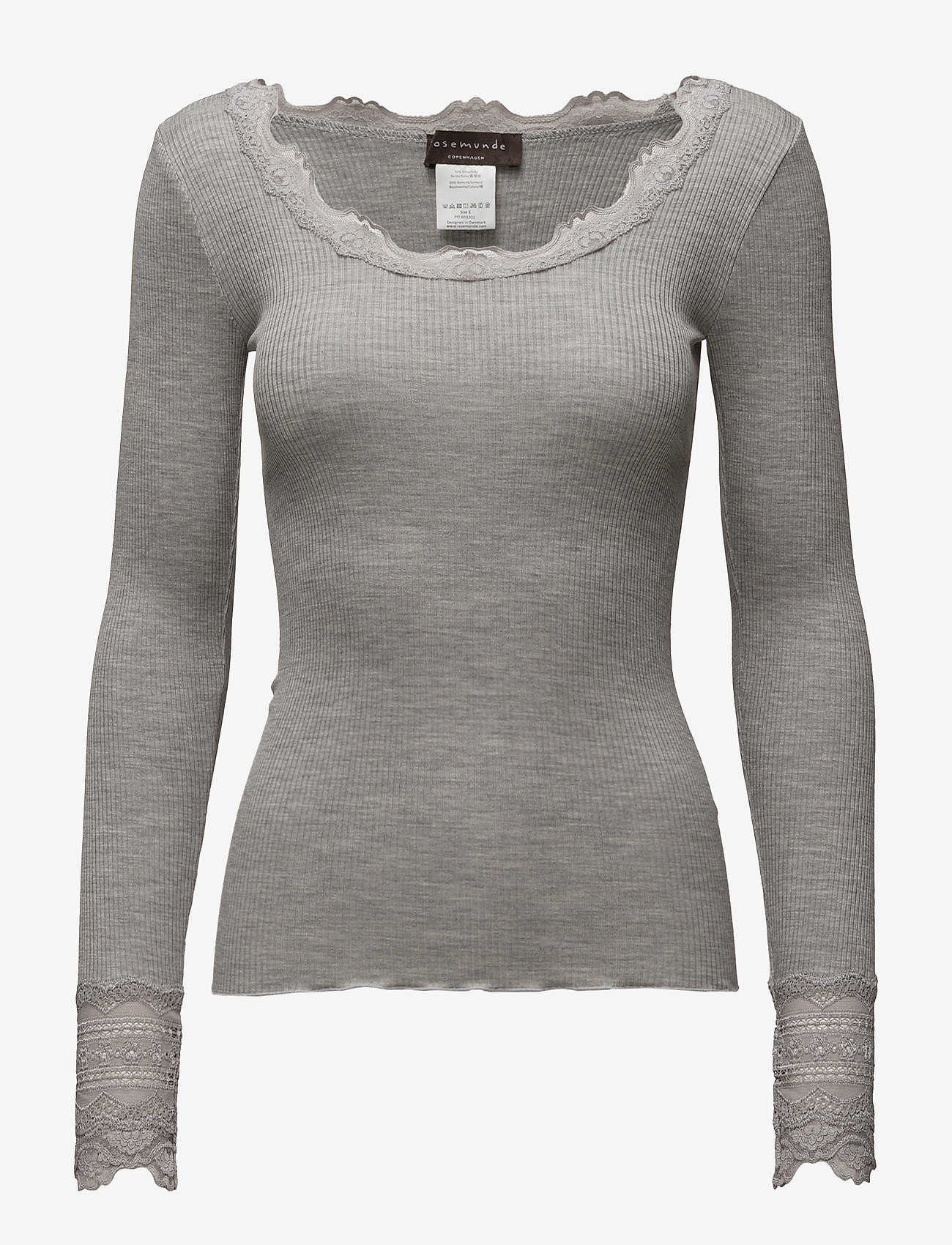 Rosemunde - Silk t-shirt w/ lace - long-sleeved tops - light grey melange - 1