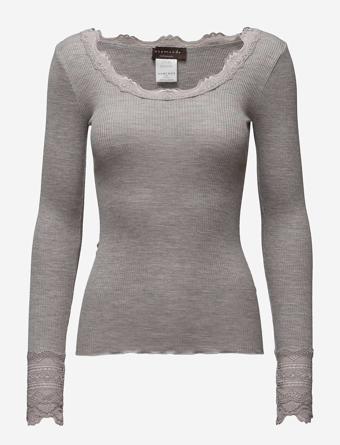 Rosemunde RWBenita Silk LS O-neck Lace T-shirt - Tøj - LIGHT GREY MELANGE / grey