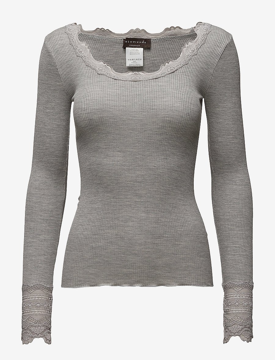 Rosemunde - RWBenita Silk LS O-neck Lace T-shirt - långärmade toppar - light grey melange - 1