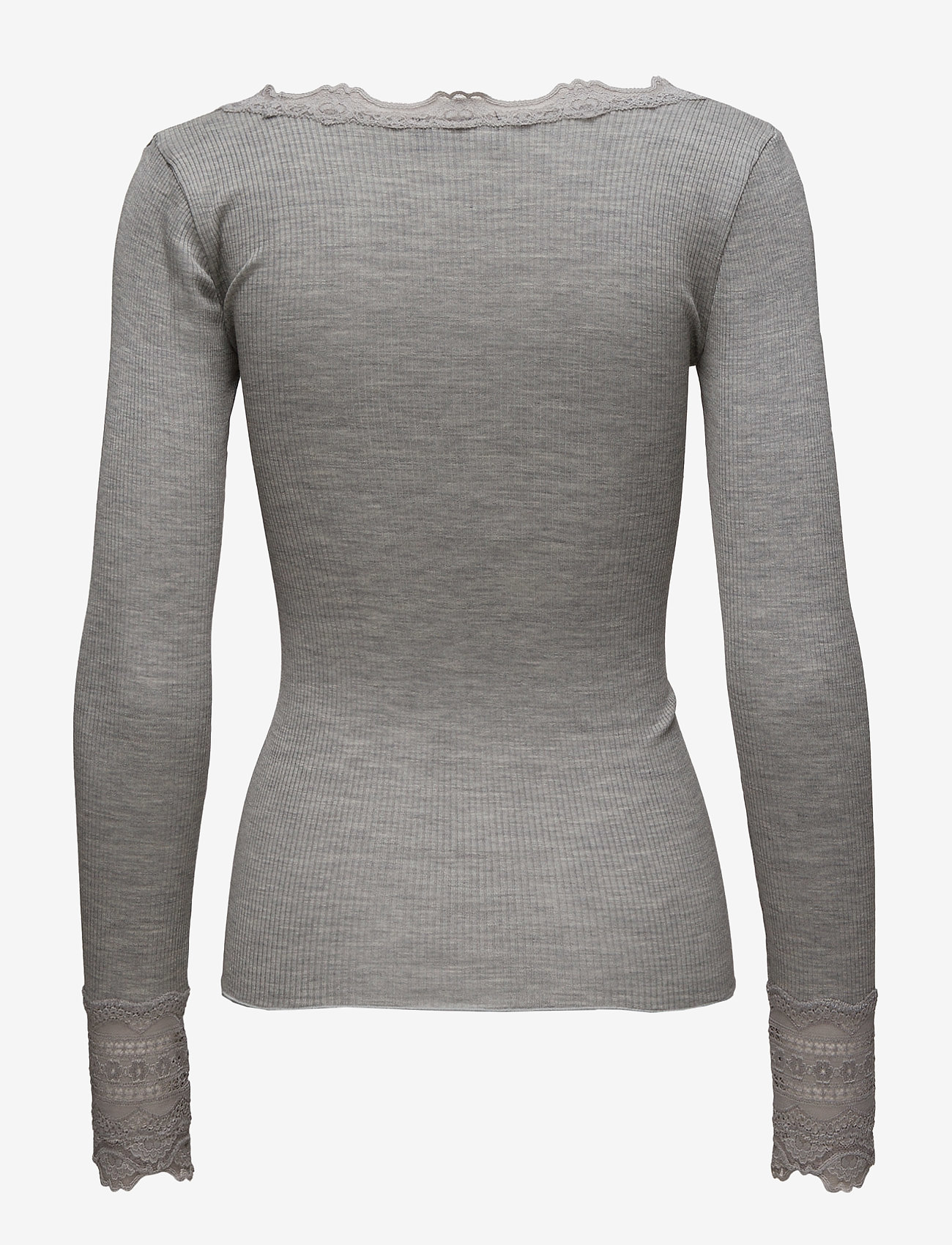 Rosemunde - RWBenita Silk LS O-neck Lace T-shirt - langærmede toppe - light grey melange - 2