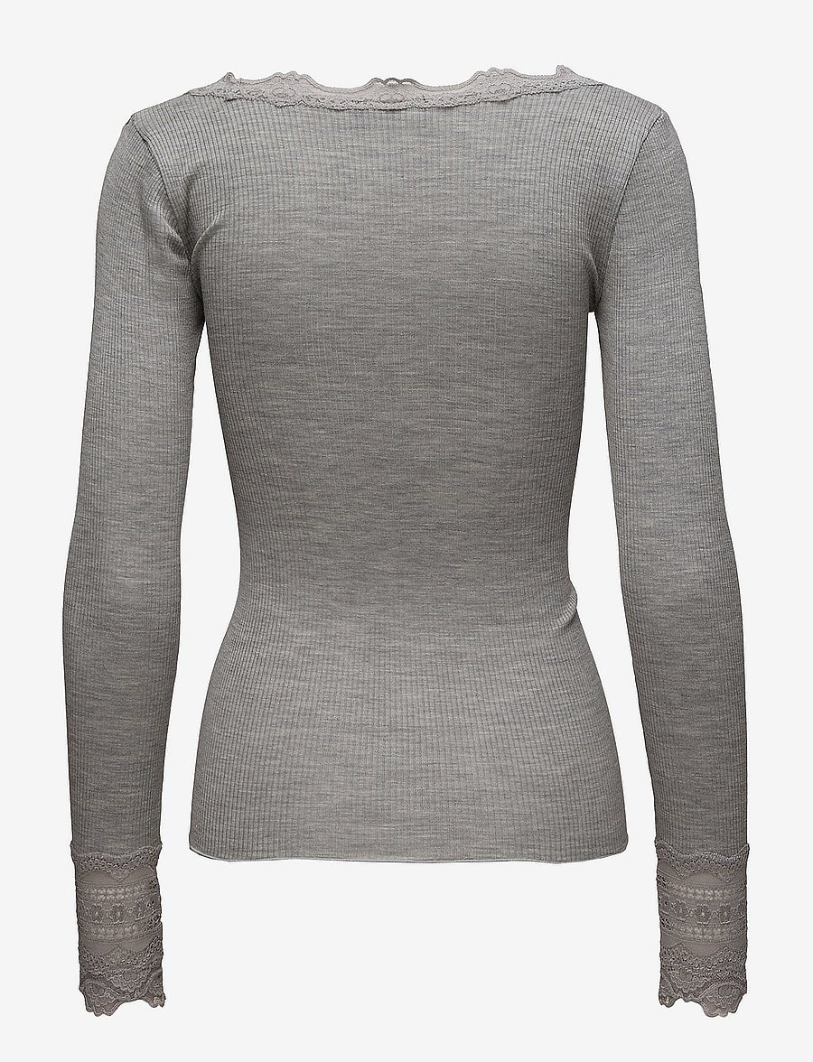 Rosemunde - RWBenita Silk LS O-neck Lace T-shirt - långärmade toppar - light grey melange - 2