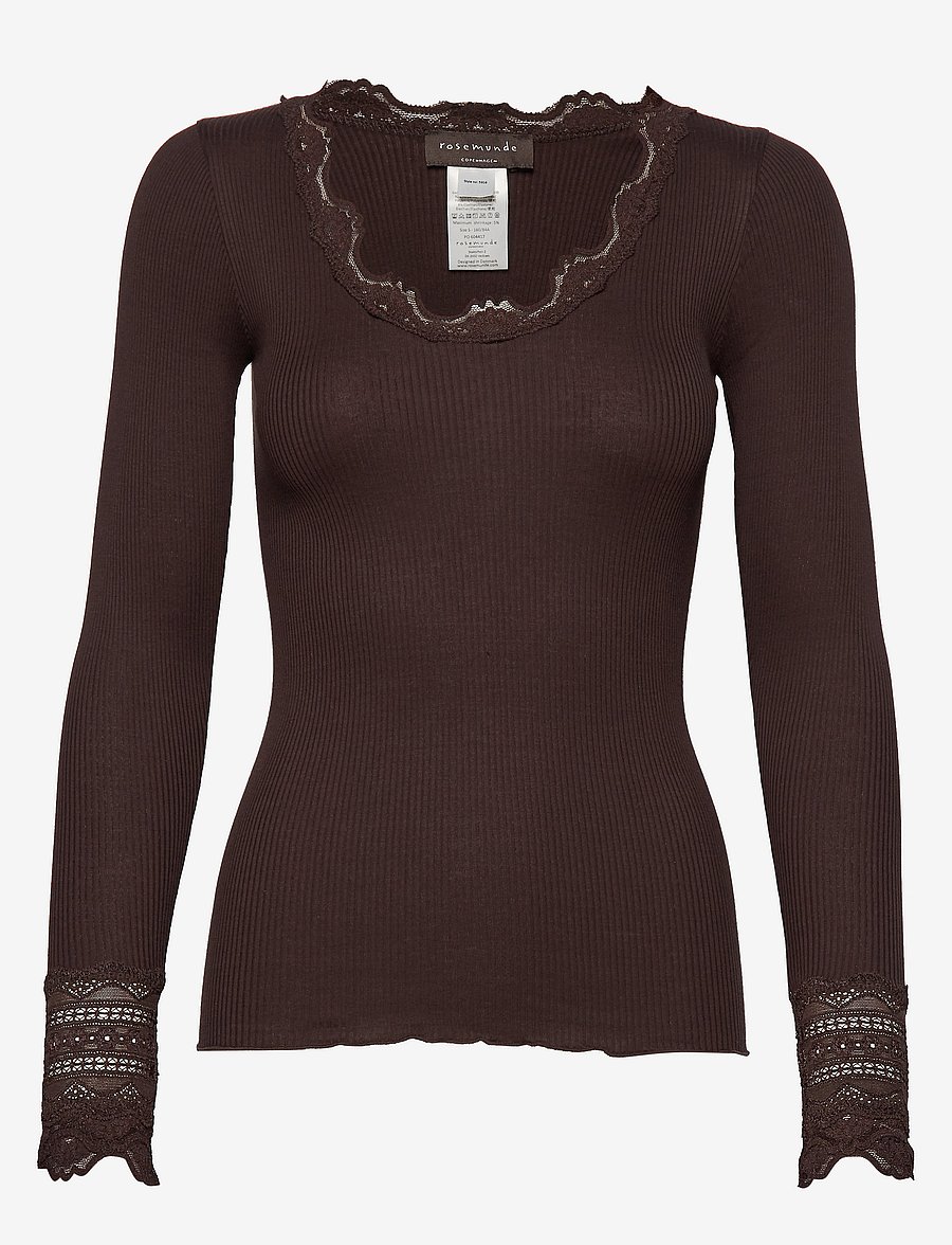 Rosemunde - RWBenita Silk LS O-neck Lace T-shirt - langärmlige tops - mole - 0