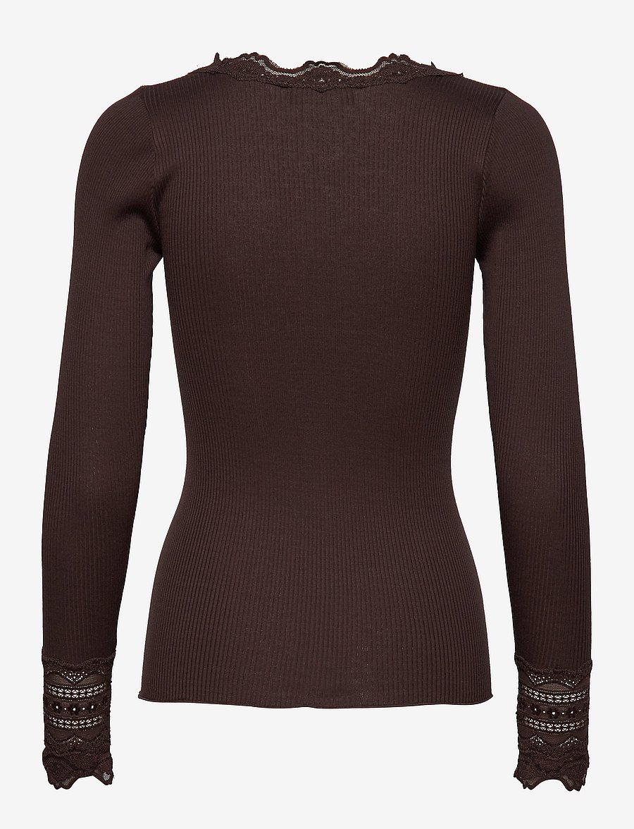 Rosemunde - RWBenita Silk LS O-neck Lace T-shirt - langärmlige tops - mole - 1