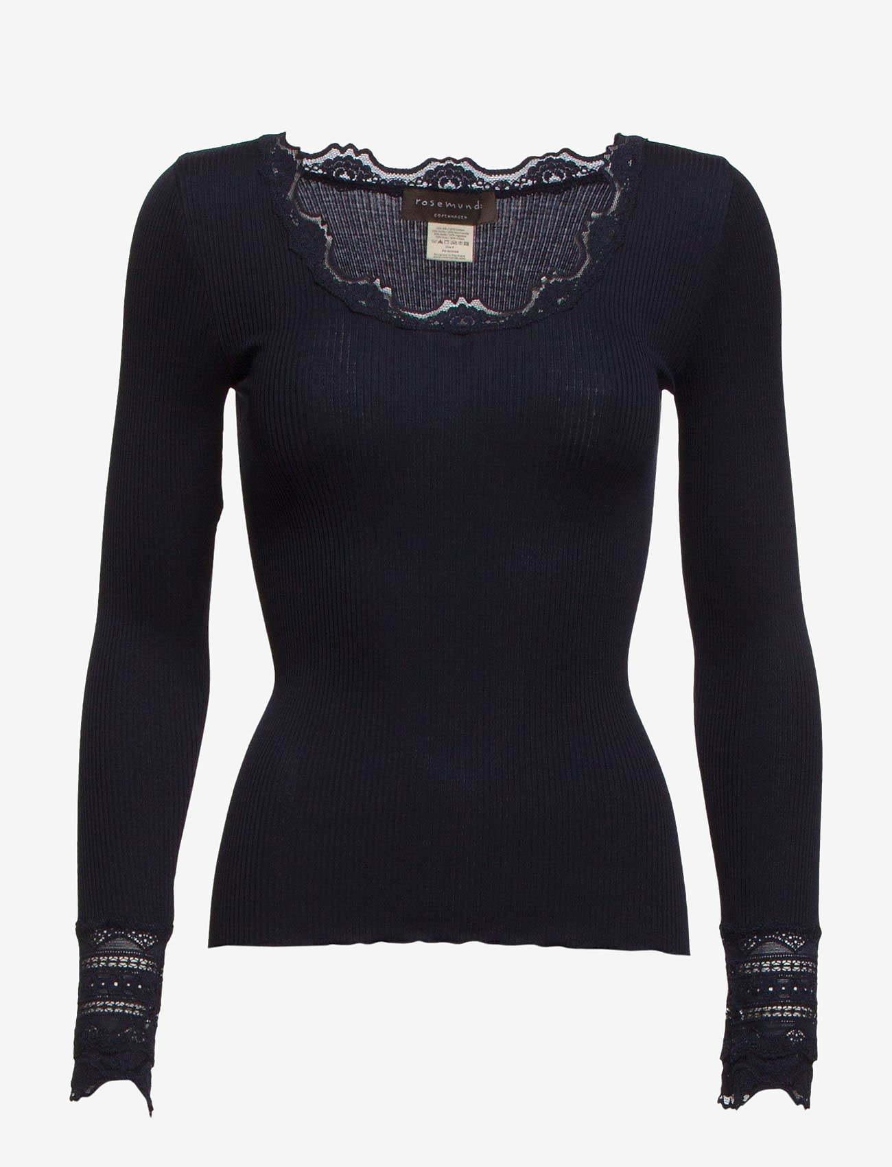 Rosemunde - Silk t-shirt w/ lace - long-sleeved tops - navy - 0