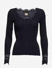 Rosemunde - Silk t-shirt w/ lace - long-sleeved tops - navy - 0