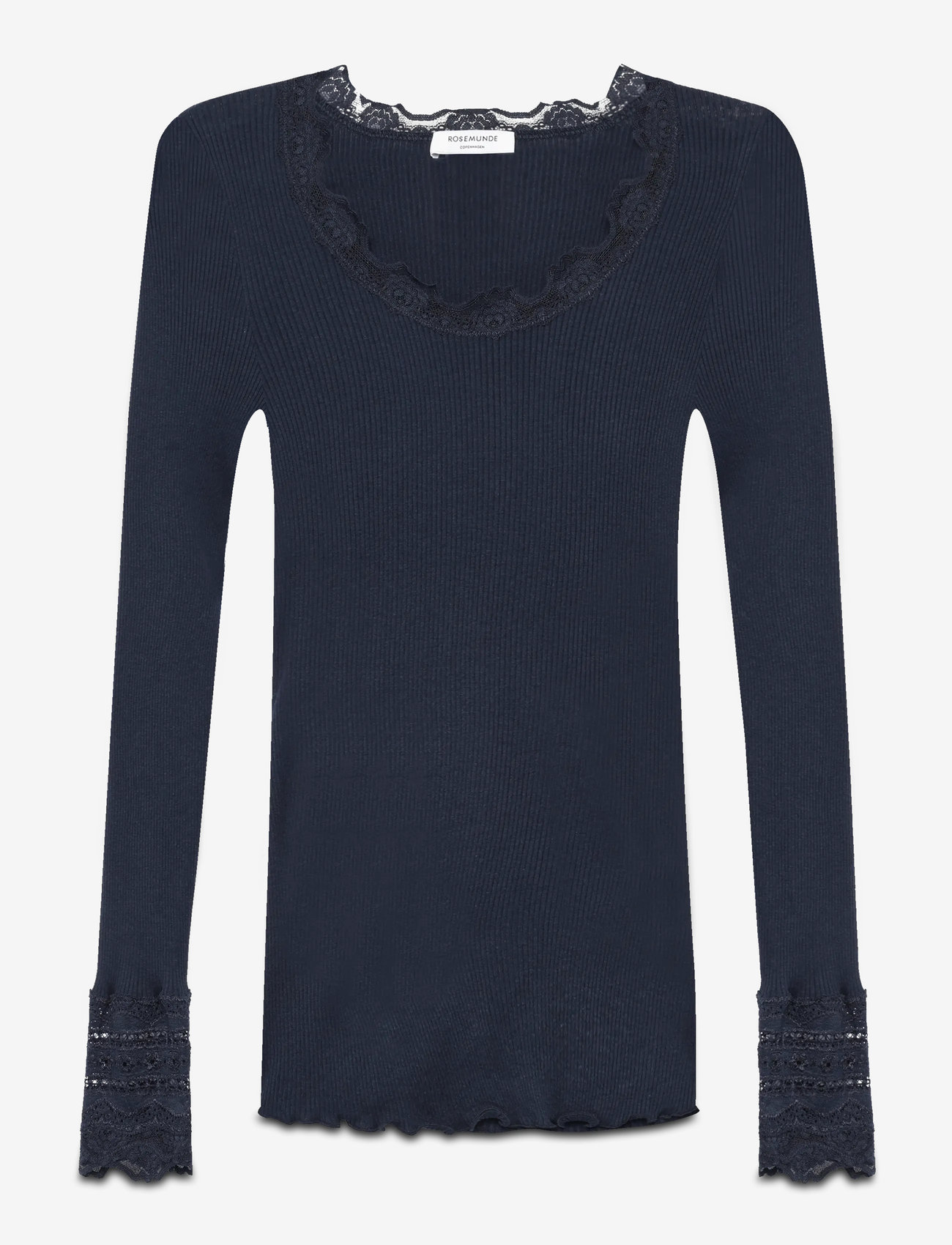 Rosemunde - Silk t-shirt w/ lace - langærmede toppe - navy - 1
