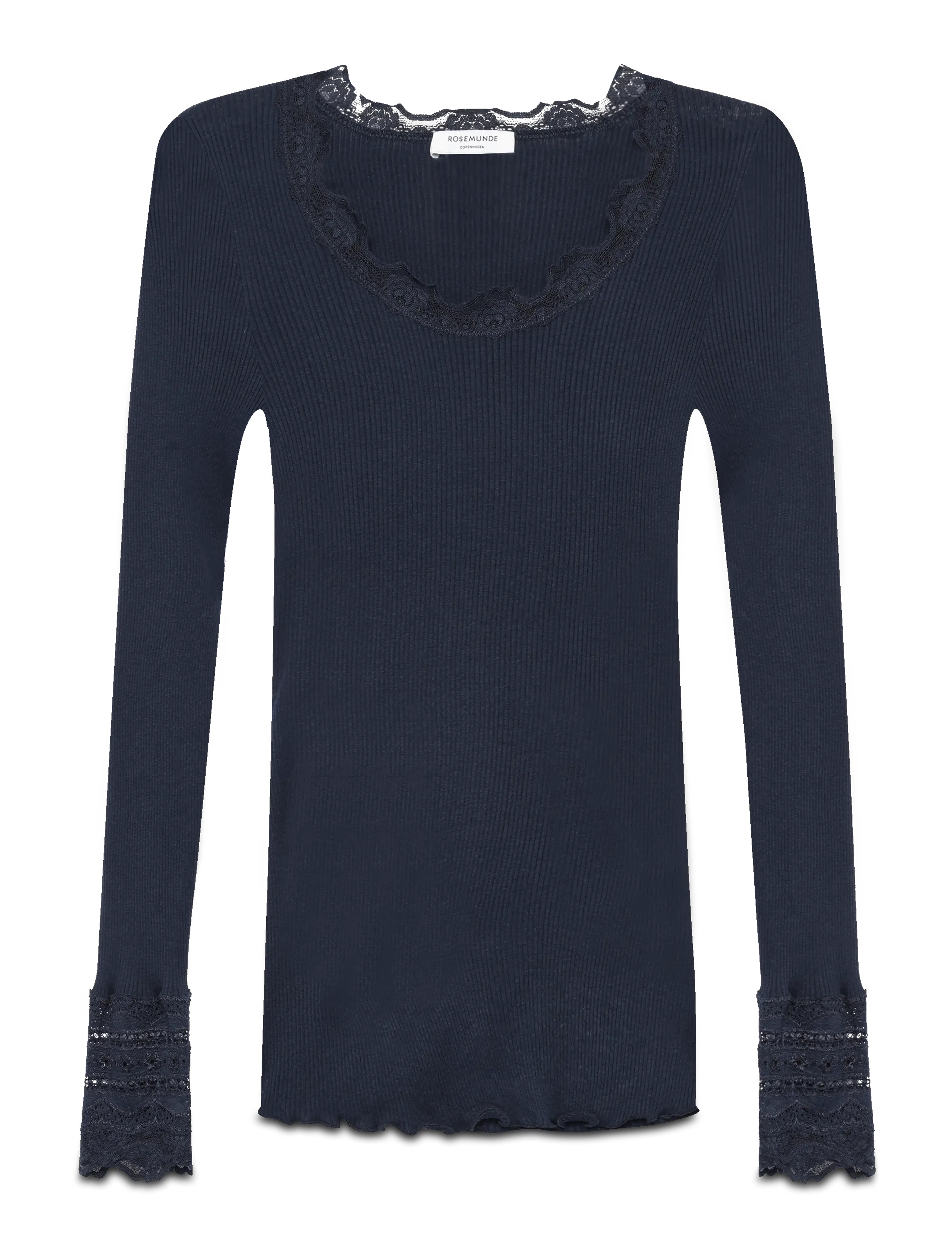 Rosemunde RWBenita Silk LS O-neck Lace T-shirt - Langärmlige Tops - NAVY / black