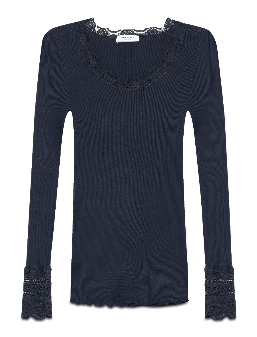 Rosemunde - RWBenita Silk LS O-neck Lace T-shirt - topi ar garām piedurknēm - navy - 1
