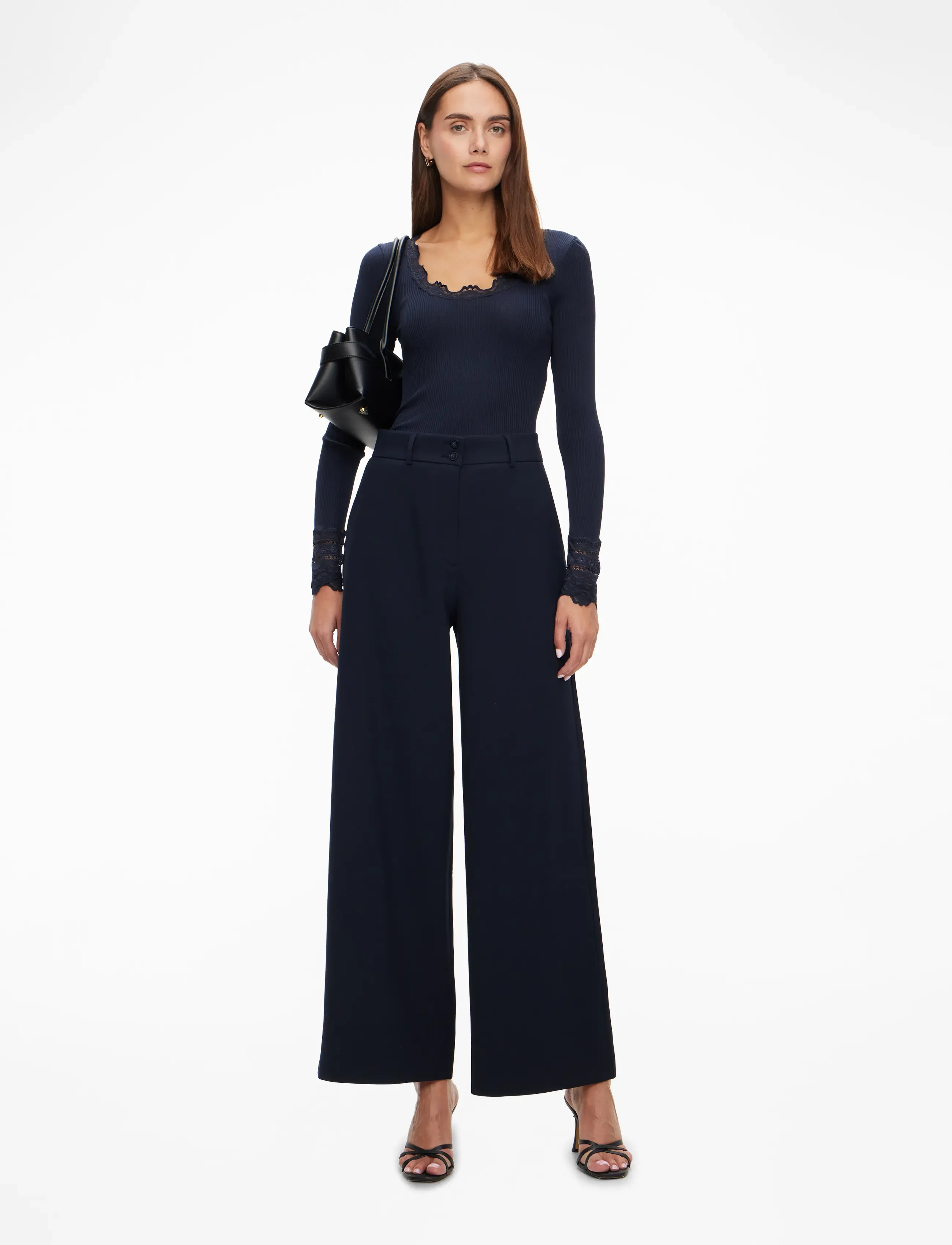 Rosemunde - RWBenita Silk LS O-neck Lace T-shir - langærmede toppe - navy - 2