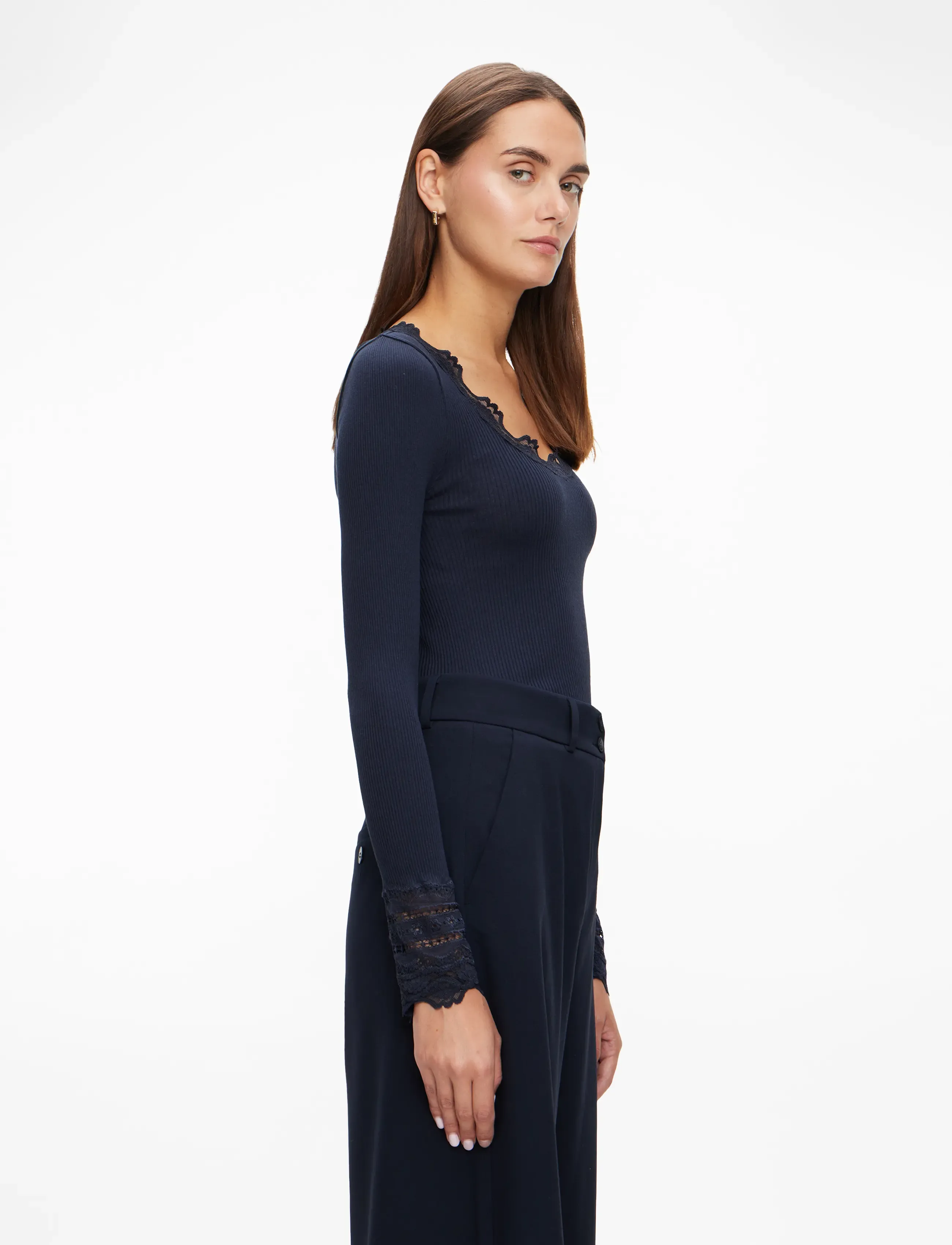 Rosemunde - RWBenita Silk LS O-neck Lace T-shir - langærmede toppe - navy - 3