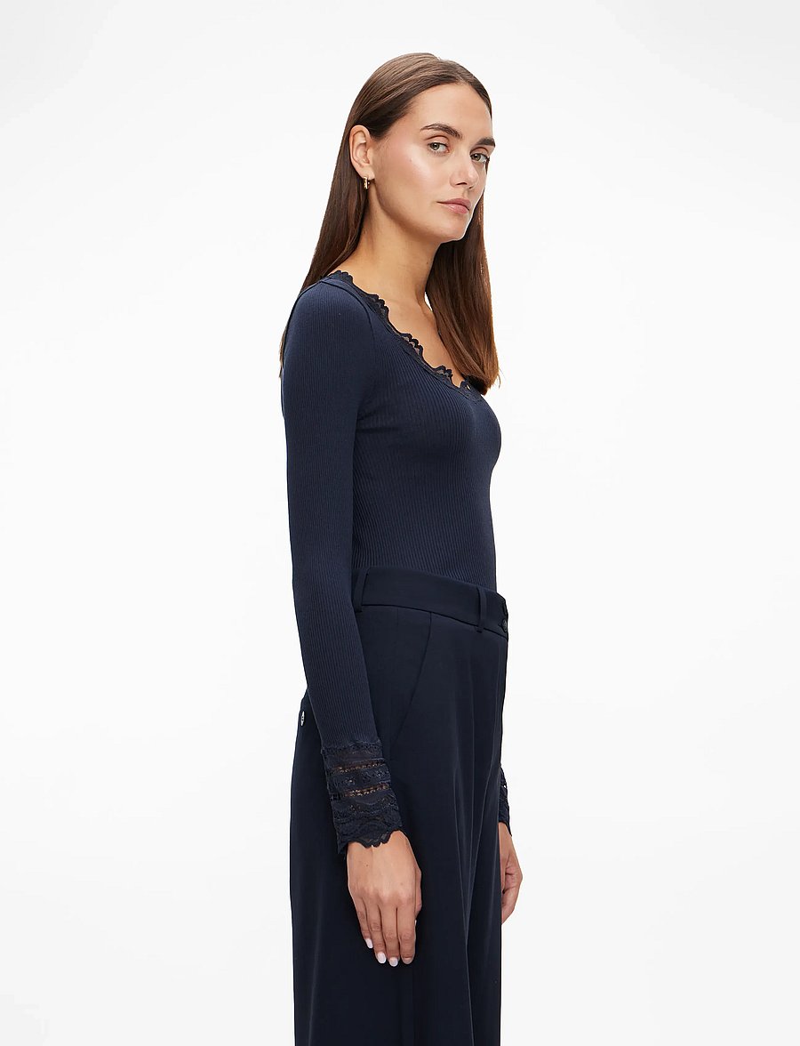 Rosemunde - RWBenita Silk LS O-neck Lace T-shirt - topi ar garām piedurknēm - navy - 3