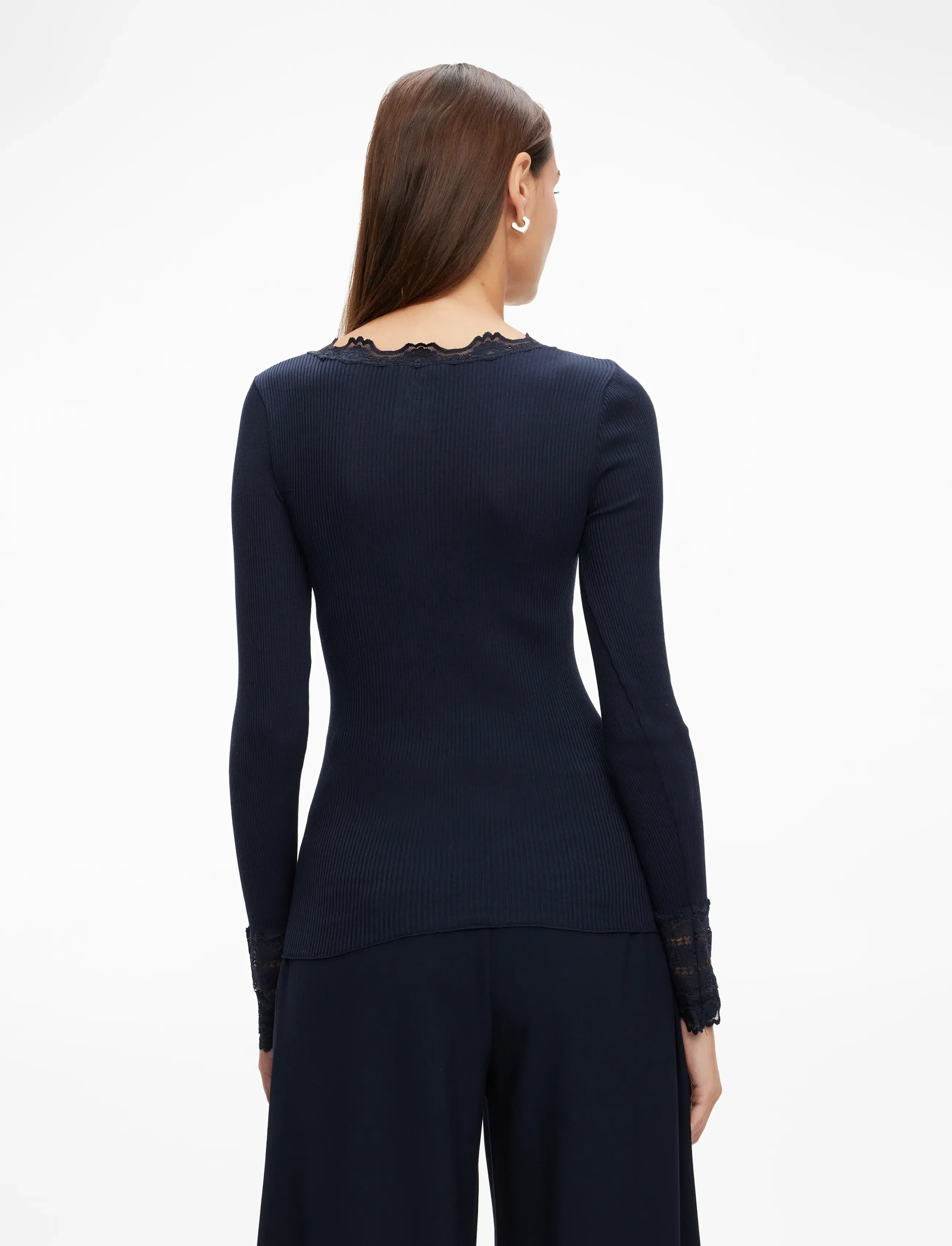 Rosemunde - RWBenita Silk LS O-neck Lace T-shir - langærmede toppe - navy - 4