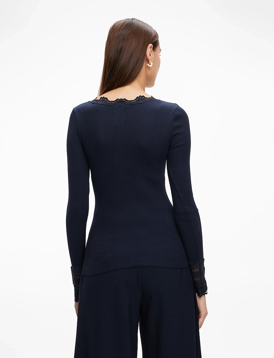 Rosemunde - RWBenita Silk LS O-neck Lace T-shirt - topi ar garām piedurknēm - navy - 4