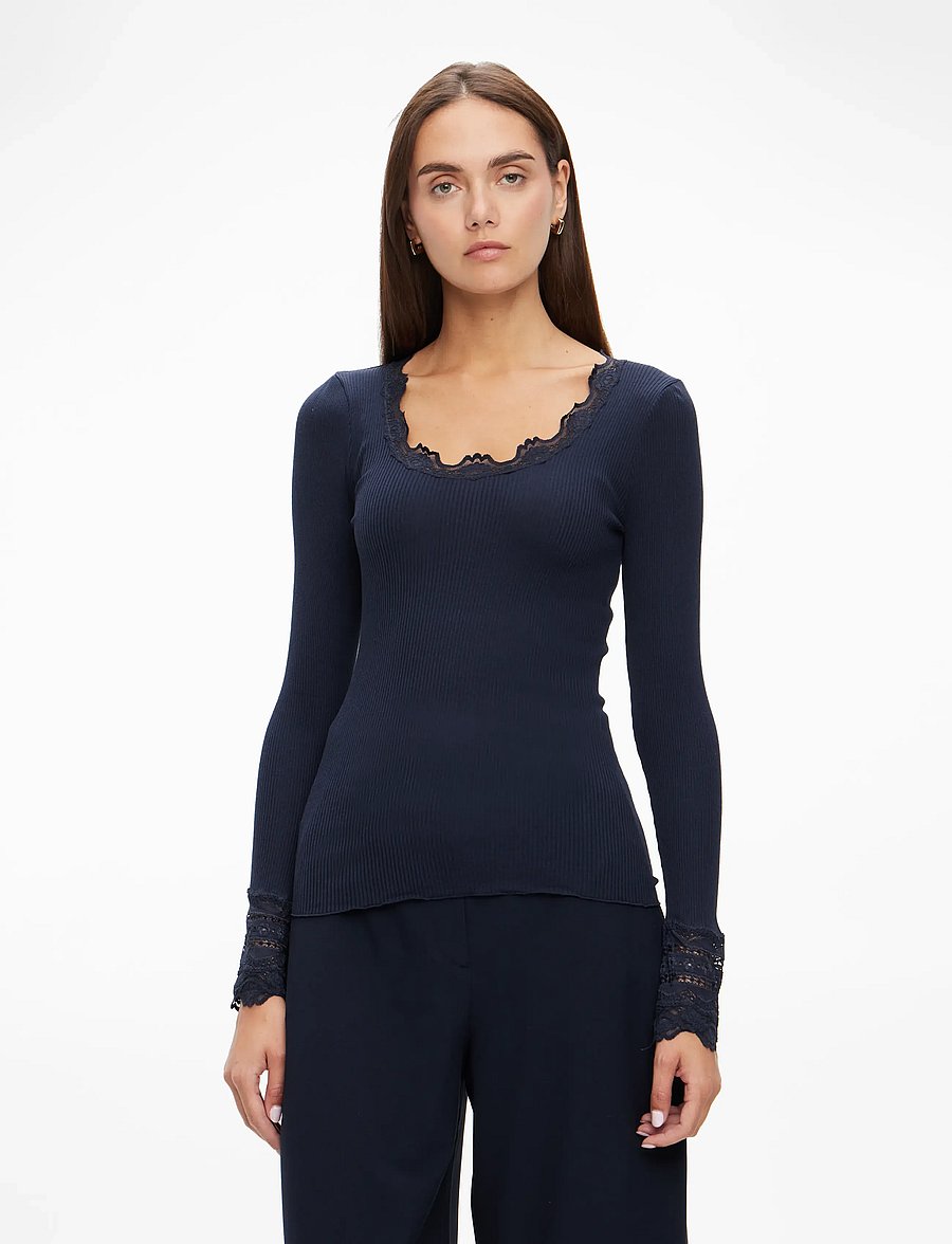 Rosemunde - RWBenita Silk LS O-neck Lace T-shirt - topi ar garām piedurknēm - navy - 0