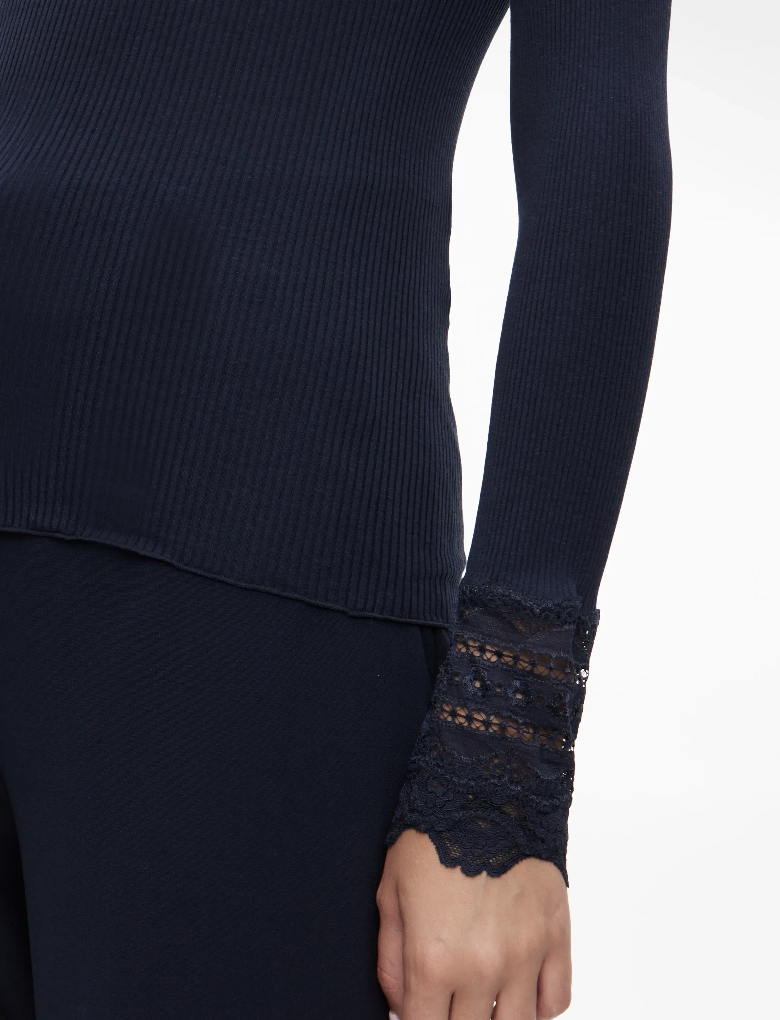 Rosemunde - RWBenita Silk LS O-neck Lace T-shir - langærmede toppe - navy - 5