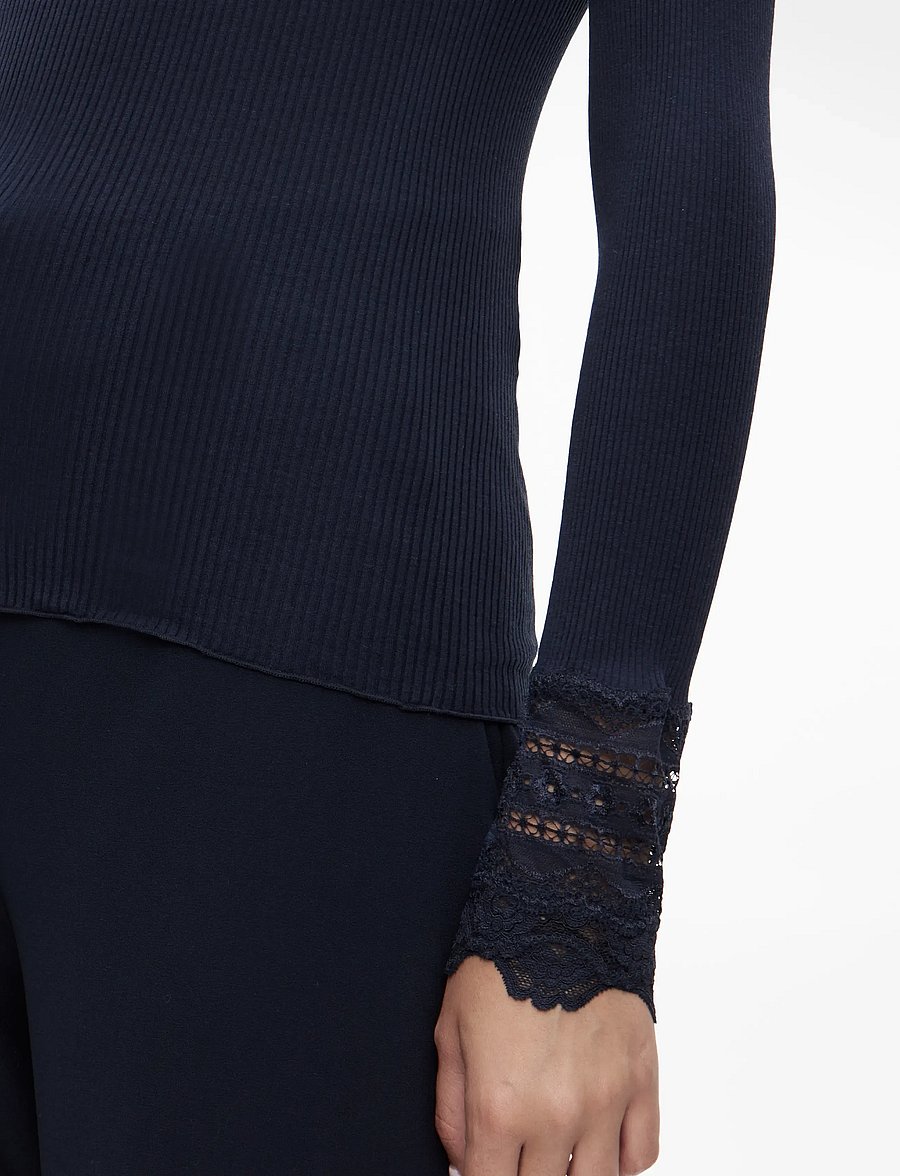 Rosemunde - RWBenita Silk LS O-neck Lace T-shirt - topi ar garām piedurknēm - navy - 5