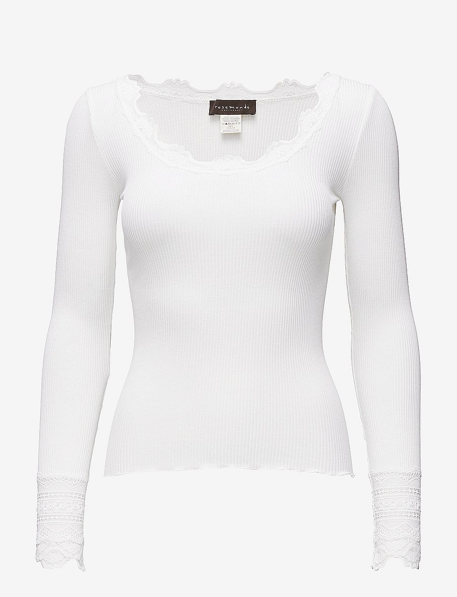 Rosemunde - RWBenita Silk LS O-neck Lace T-shirt - långärmade toppar - new white - 0