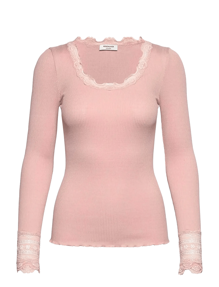 Rosemunde - RWBenita Silk LS O-neck Lace T-shirt - långärmade toppar - rose smoke - 1