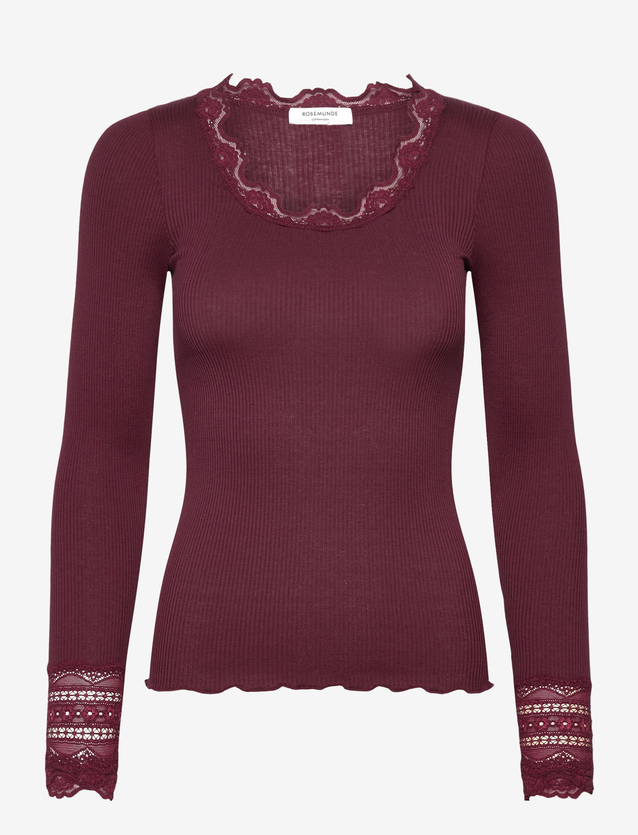 Rosemunde - Silk t-shirt w/ lace - long-sleeved tops - tawny port - 1