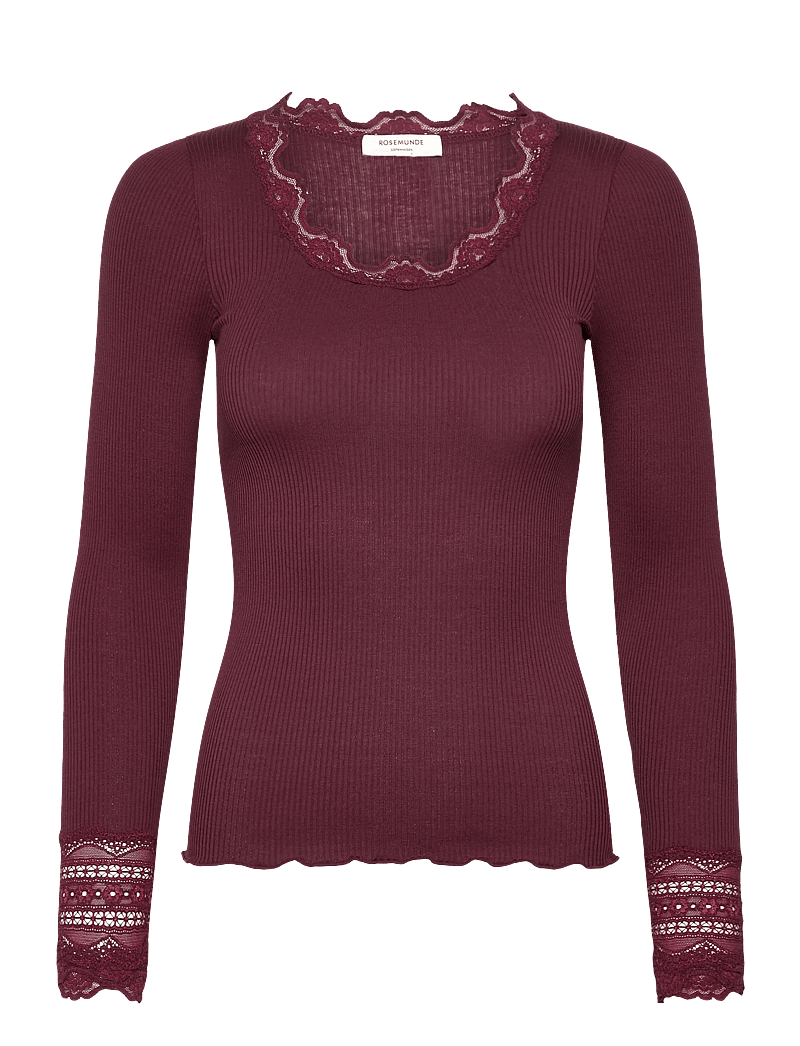 Rosemunde - Silk t-shirt w/ lace - long-sleeved tops - tawny port - 1