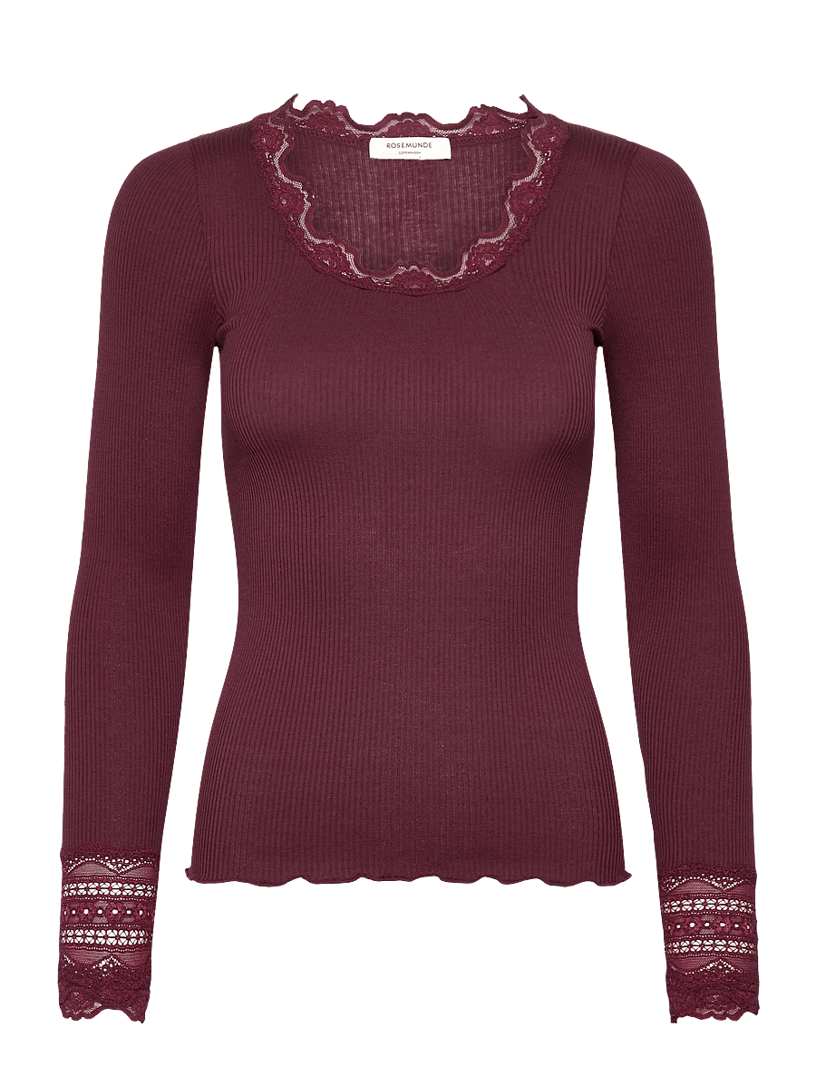 Rosemunde - RWBenita Silk LS O-neck Lace T-shirt - långärmade toppar - tawny port - 1