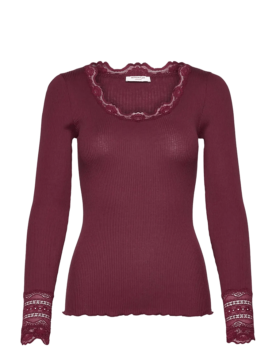 Rosemunde - RWBenita Silk LS O-neck Lace T-shirt - langärmlige tops - windsor wine - 0