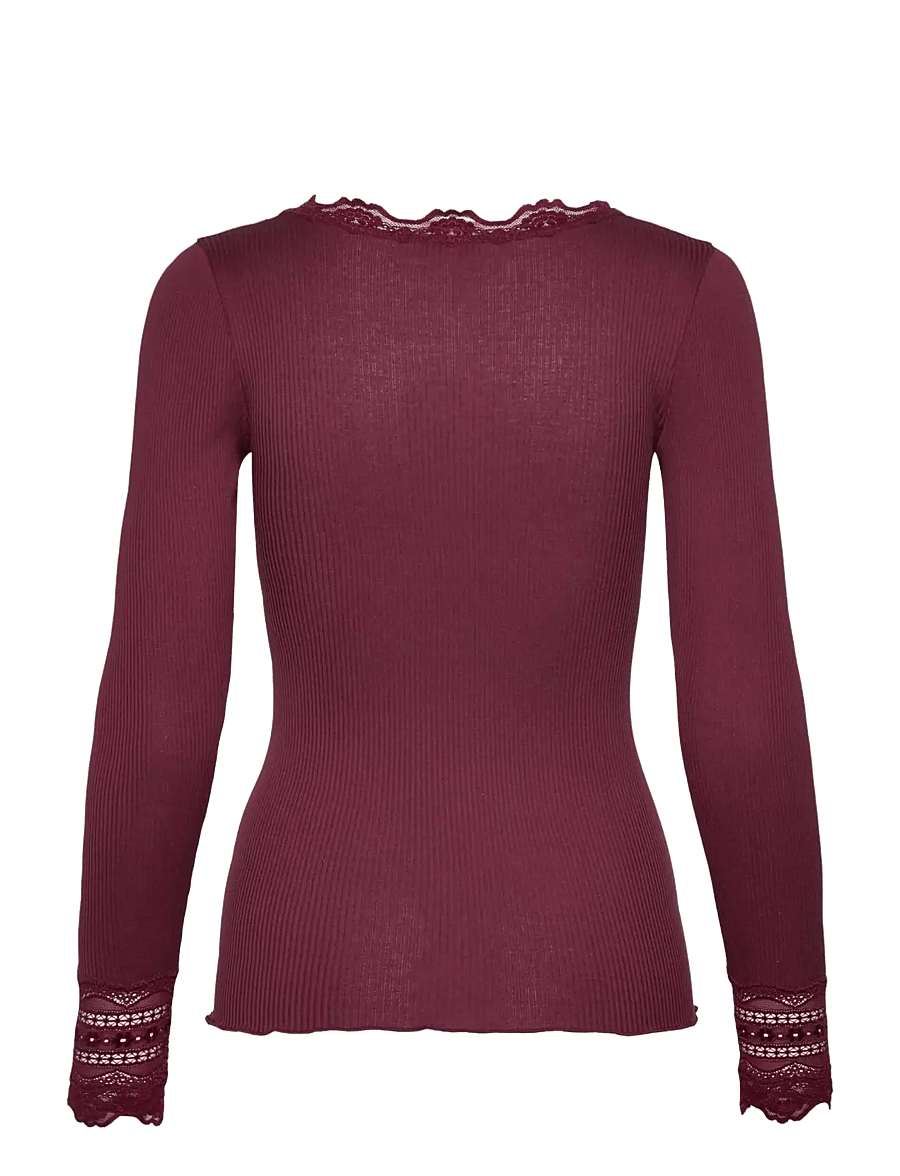 Rosemunde - RWBenita Silk LS O-neck Lace T-shirt - langärmlige tops - windsor wine - 1