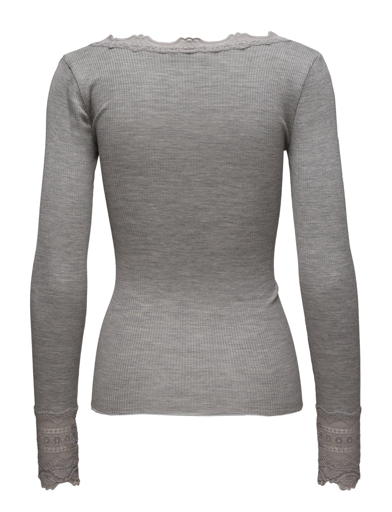 Rosemunde - RWBenita Silk LS O-neck Lace T-shirt - langærmede toppe - light grey melange - 3