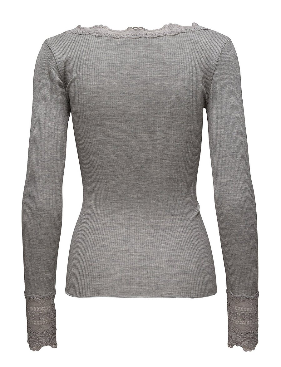 Rosemunde - RWBenita Silk LS O-neck Lace T-shirt - långärmade toppar - light grey melange - 3