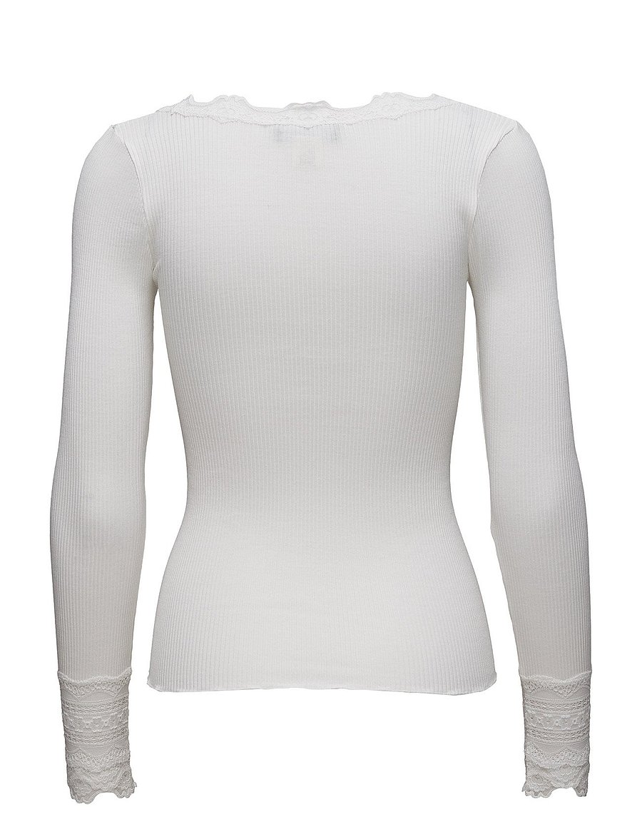 Rosemunde - RWBenita Silk LS O-neck Lace T-shirt - långärmade toppar - new white - 2