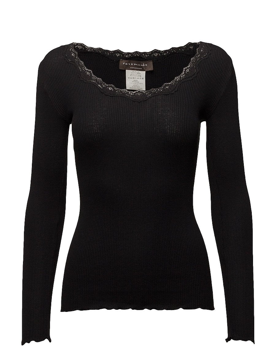 Rosemunde - RWBabette Silk LS U-neck Lace T-shirt - langärmlige tops - black - 0