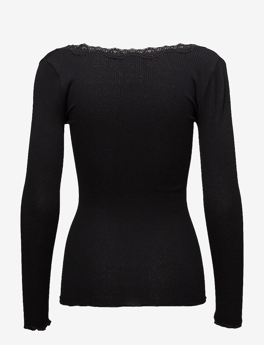 Rosemunde - RWBabette Silk LS U-neck Lace T-shirt - langärmlige tops - black - 1