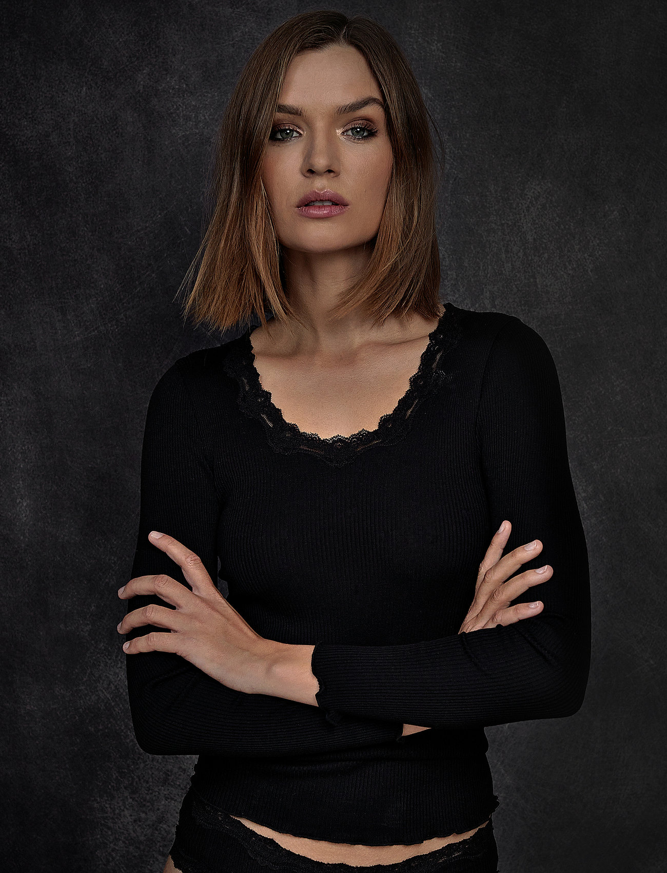 Rosemunde - Silk t-shirt w/ lace - langärmlige tops - black - 0