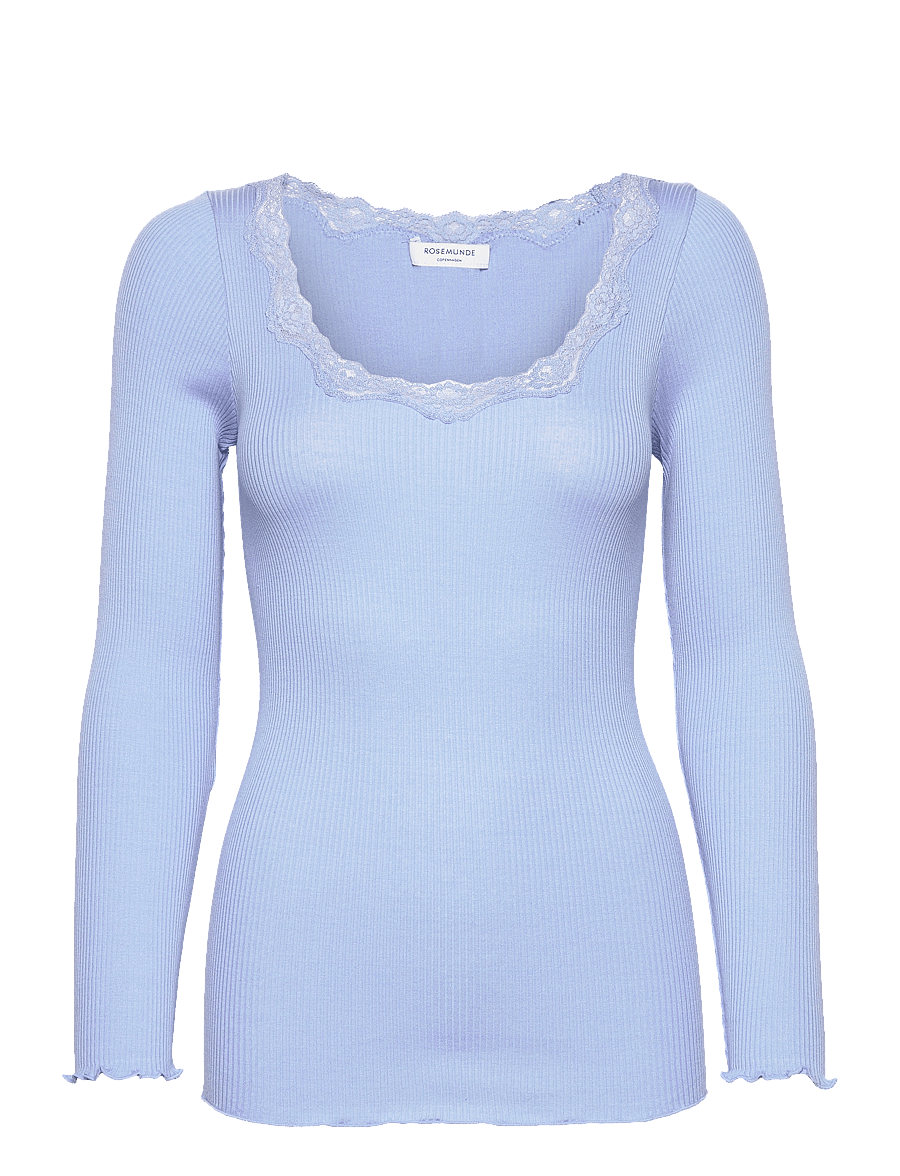 Rosemunde - RWBabette Silk LS U-neck Lace T-shirt - langärmlige tops - blue heaven - 1