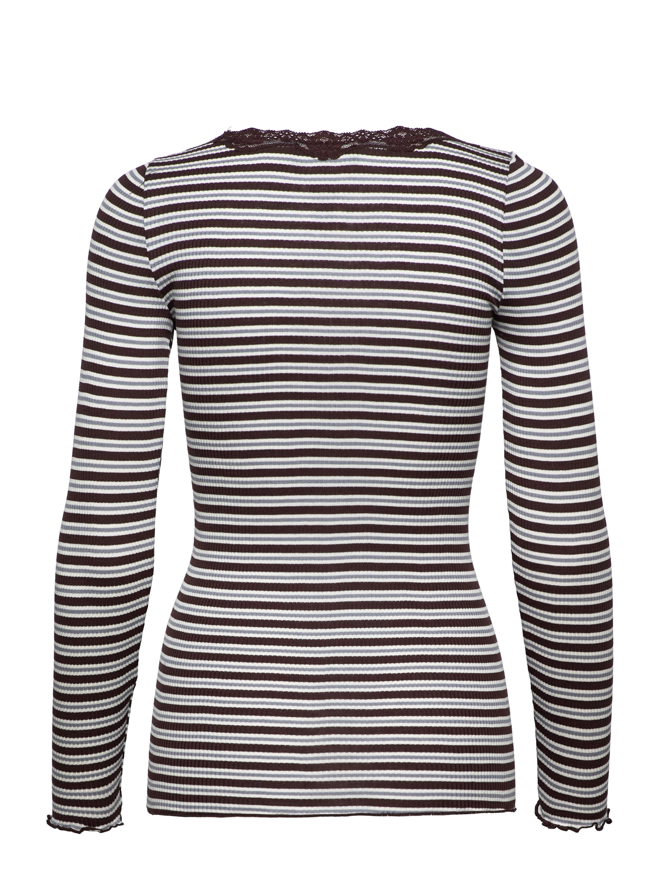 Rosemunde - RWBabette Silk LS U-neck Lace T-shirt - langærmede toppe - coffee bean mix stripe - 1